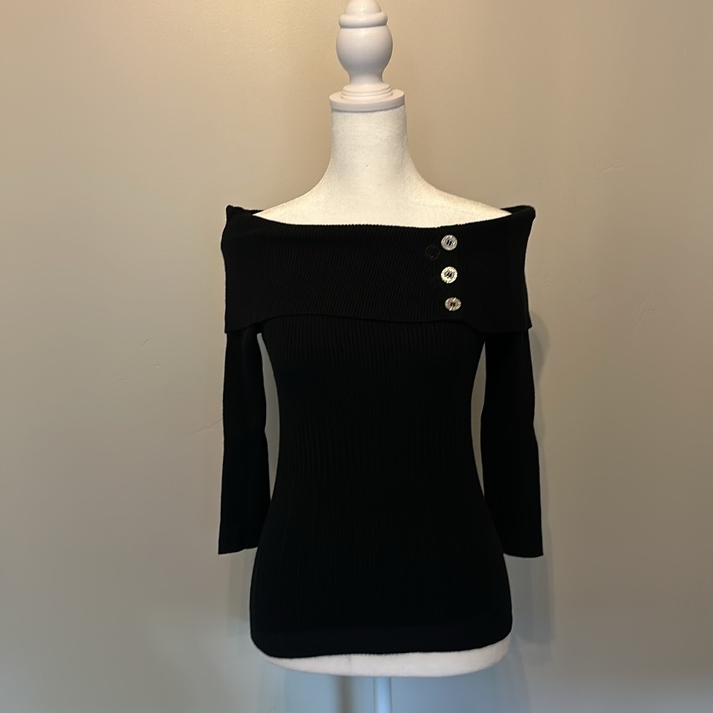 WHBM - off-the-shoulder ribbed black sweater with silver button detail